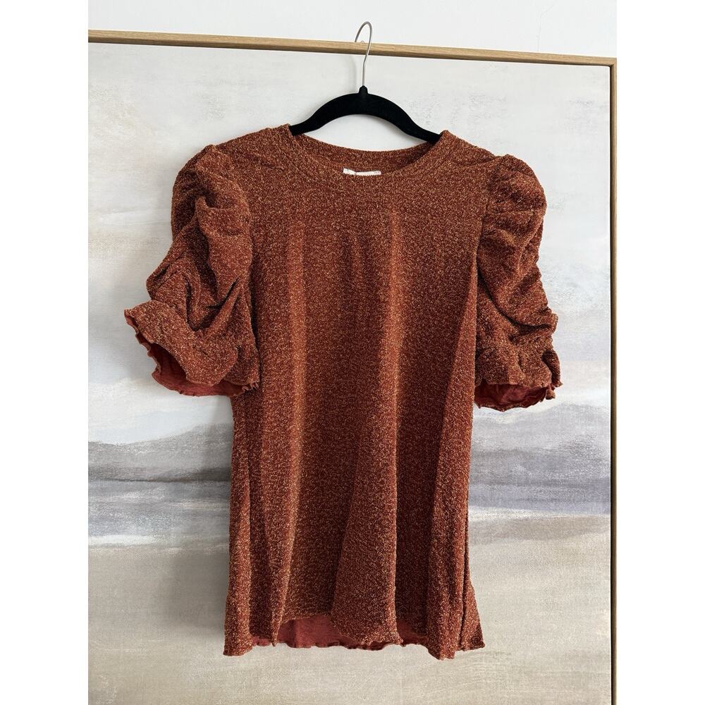 Moon River Anthropologie Orange Metallic Ruched Sleeve Stretch Top